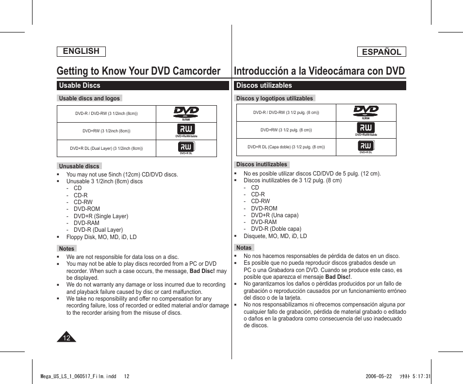 Getting to know your dvd camcorder, Introducción a la videocámara con dvd, English | Español | Samsung SC-DC565-XAA User Manual | Page 12 / 132