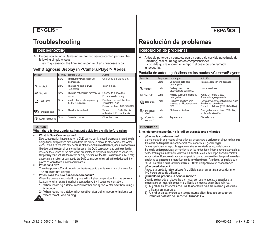 Troubleshooting, Resolución de problemas, English | Español, Self diagnosis display in <camera/player> modes | Samsung SC-DC565-XAA User Manual | Page 120 / 132