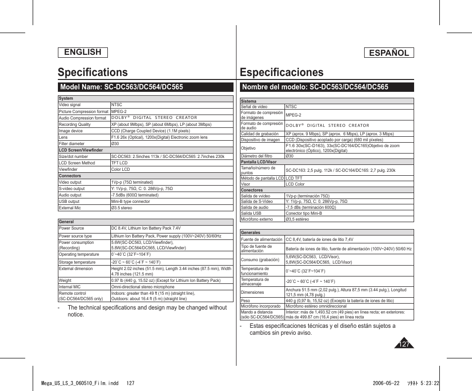 Speciﬁcations, Especiﬁcaciones, English | Español | Samsung SC-DC565-XAA User Manual | Page 127 / 132