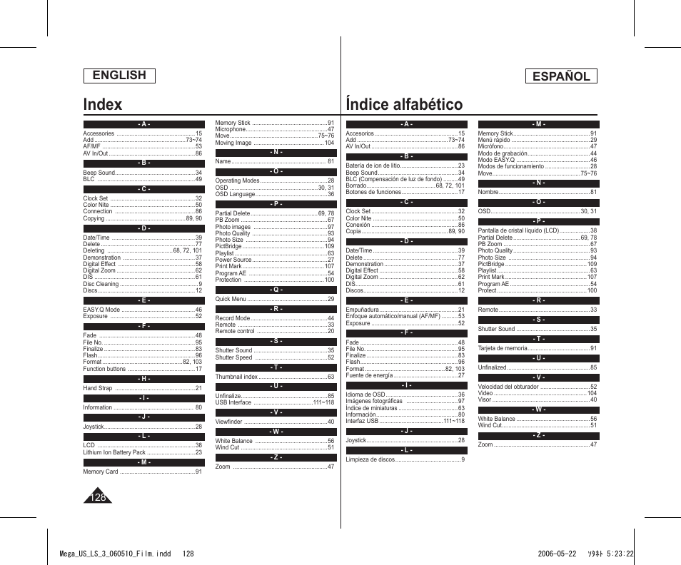 Index, Índice alfabético, English | Español | Samsung SC-DC565-XAA User Manual | Page 128 / 132