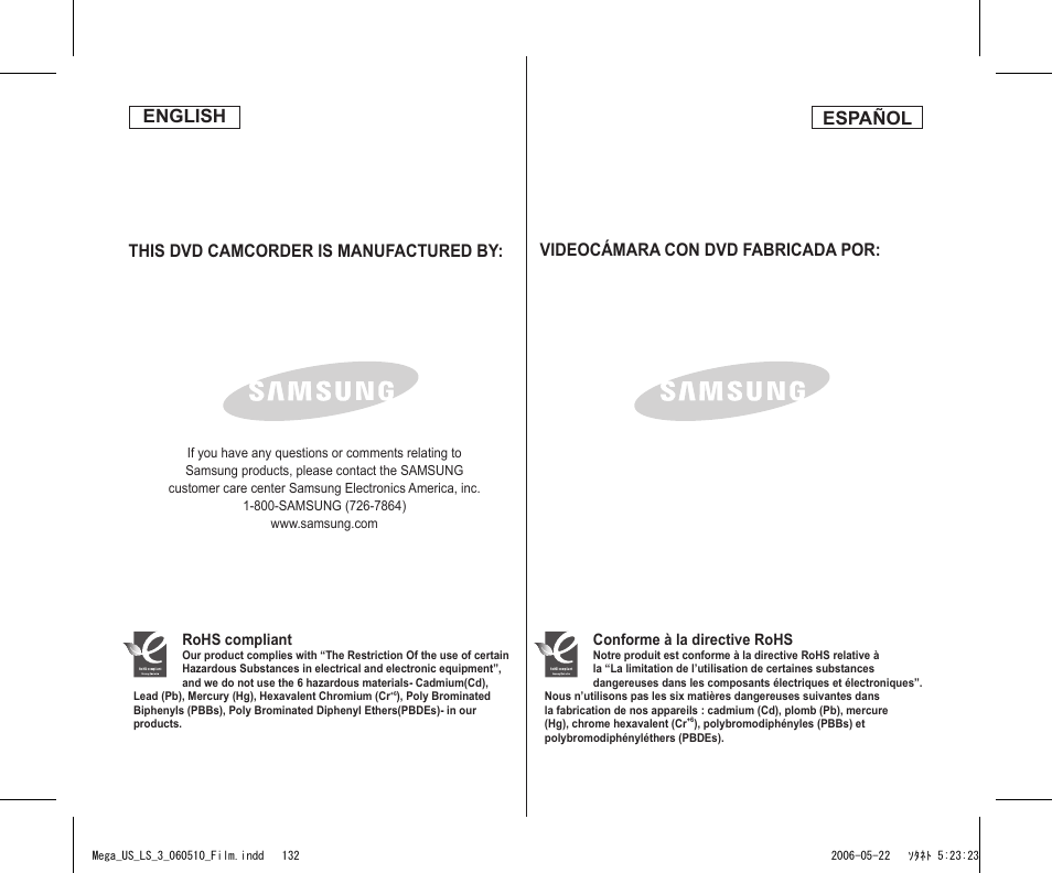 English, Español, This dvd camcorder is manufactured by | Videocámara con dvd fabricada por | Samsung SC-DC565-XAA User Manual | Page 132 / 132
