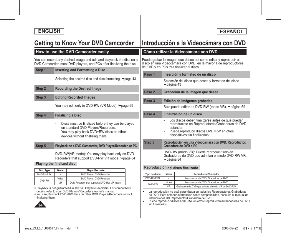 Getting to know your dvd camcorder, Introducción a la videocámara con dvd, English | Español, How to use the dvd camcorder easily, Cómo utilizar la videocámara con dvd | Samsung SC-DC565-XAA User Manual | Page 14 / 132