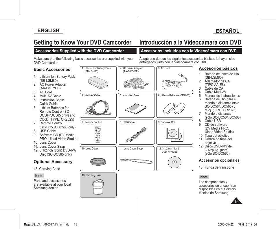 Getting to know your dvd camcorder, Introducción a la videocámara con dvd, English | Español | Samsung SC-DC565-XAA User Manual | Page 15 / 132