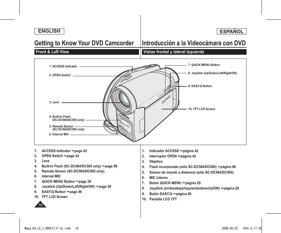 Getting to know your dvd camcorder, Introducción a la videocámara con dvd, English | Español | Samsung SC-DC565-XAA User Manual | Page 16 / 132
