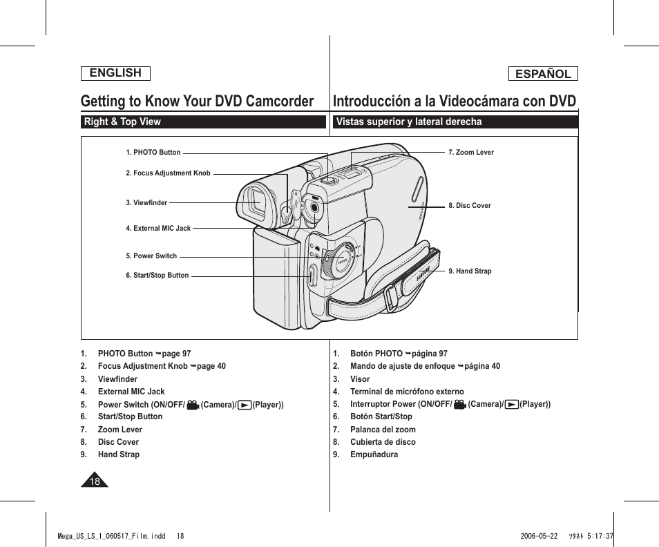 Getting to know your dvd camcorder, Introducción a la videocámara con dvd, English | Español | Samsung SC-DC565-XAA User Manual | Page 18 / 132
