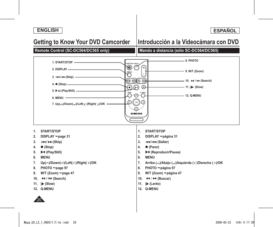 Getting to know your dvd camcorder, Introducción a la videocámara con dvd, English | Español | Samsung SC-DC565-XAA User Manual | Page 20 / 132