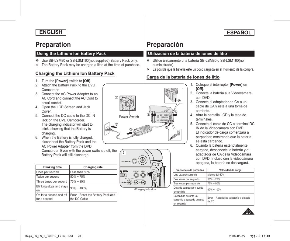 Preparation, Preparación, English | Español, Using the lithium ion battery pack, Utilización de la batería de iones de litio | Samsung SC-DC565-XAA User Manual | Page 23 / 132