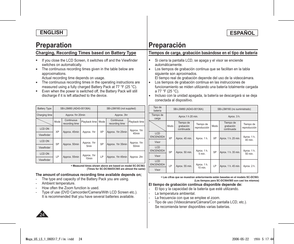 Preparation, Preparación, English | Español, Charging, recording times based on battery type | Samsung SC-DC565-XAA User Manual | Page 24 / 132