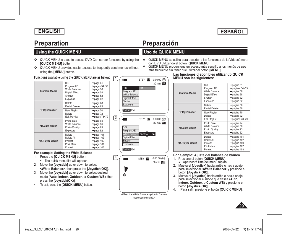 Preparation, Preparación, English | Español, Using the quick menu, Uso de quick menu | Samsung SC-DC565-XAA User Manual | Page 29 / 132