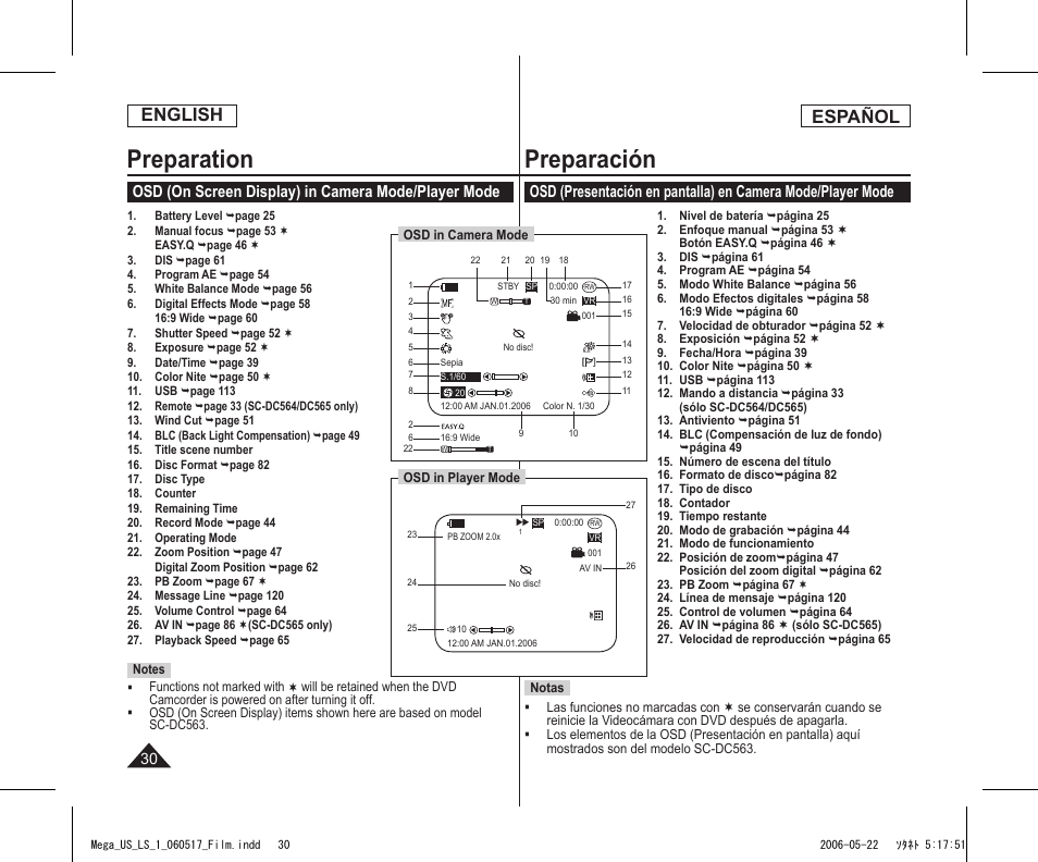 Preparation, Preparación, English | Español, Osd (on screen display) in camera mode/player mode | Samsung SC-DC565-XAA User Manual | Page 30 / 132