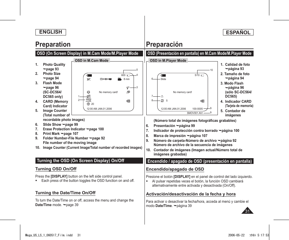 Preparation, Preparación, English | Español, Turning the osd (on screen display) on/off | Samsung SC-DC565-XAA User Manual | Page 31 / 132