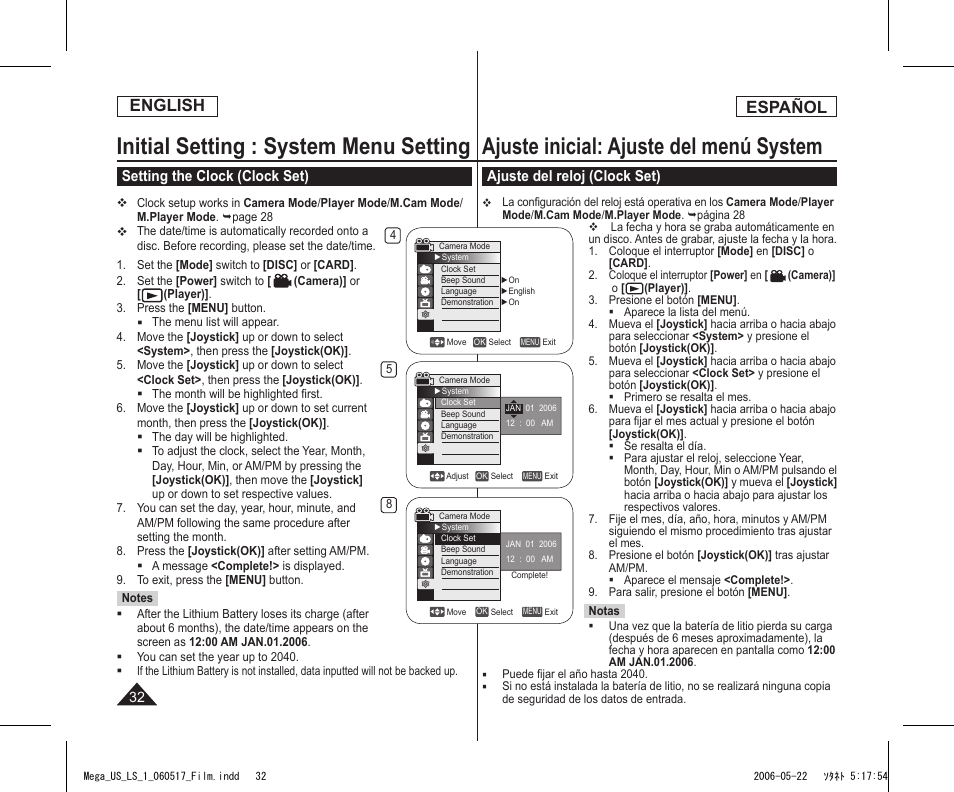 Initial setting : system menu setting, Ajuste inicial: ajuste del menú system, English | Español, Setting the clock (clock set), Ajuste del reloj (clock set) | Samsung SC-DC565-XAA User Manual | Page 32 / 132