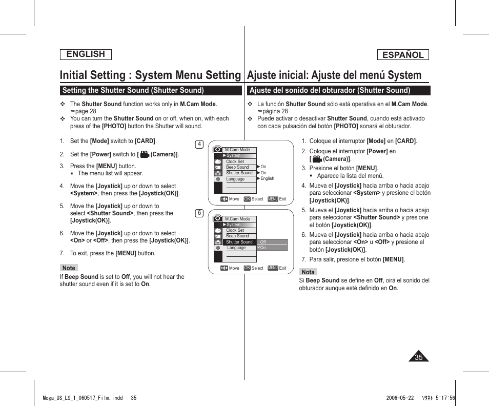 Initial setting : system menu setting, Ajuste inicial: ajuste del menú system, English | Español, Setting the shutter sound (shutter sound), Ajuste del sonido del obturador (shutter sound) | Samsung SC-DC565-XAA User Manual | Page 35 / 132