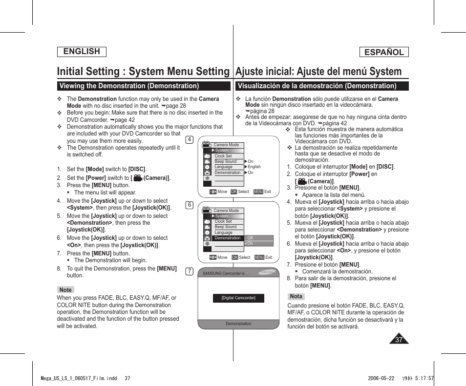 Initial setting : system menu setting, Ajuste inicial: ajuste del menú system, English | Español, Viewing the demonstration (demonstration), Visualización de la demostración (demonstration) | Samsung SC-DC565-XAA User Manual | Page 37 / 132