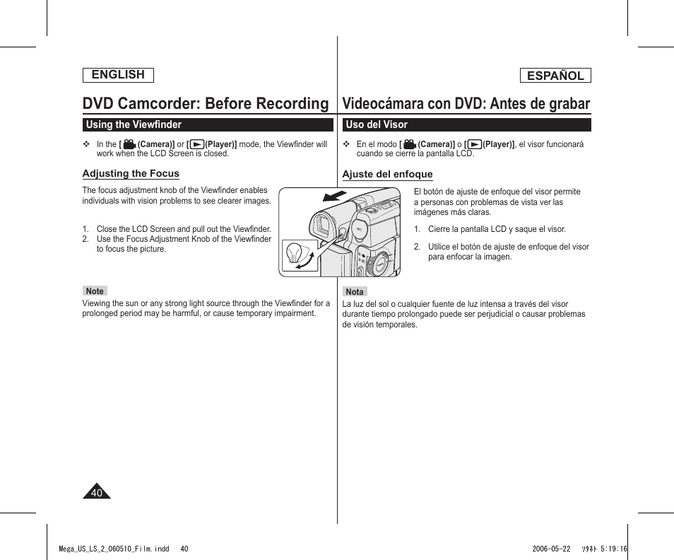 Dvd camcorder: before recording, Videocámara con dvd: antes de grabar, English | Español | Samsung SC-DC565-XAA User Manual | Page 40 / 132