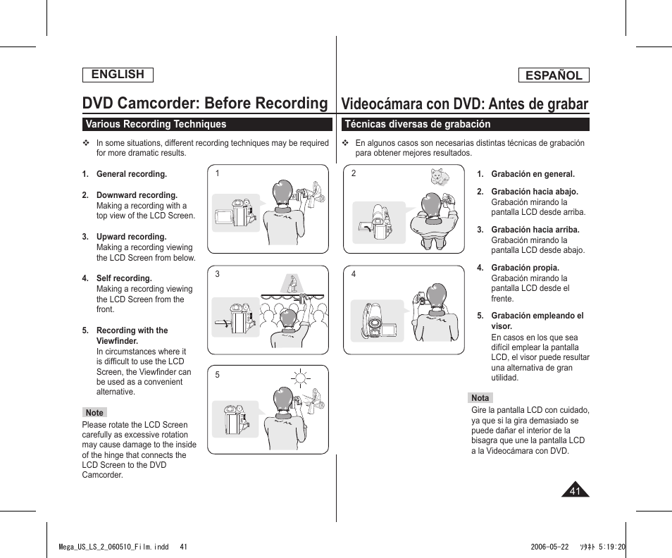Dvd camcorder: before recording, Videocámara con dvd: antes de grabar, English | Español | Samsung SC-DC565-XAA User Manual | Page 41 / 132