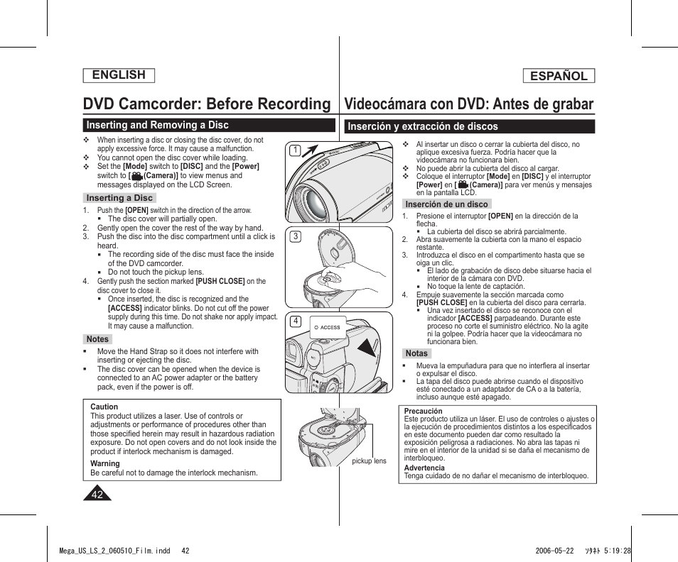 Dvd camcorder: before recording, Videocámara con dvd: antes de grabar, English | Español, Inserting and removing a disc, Inserción y extracción de discos | Samsung SC-DC565-XAA User Manual | Page 42 / 132