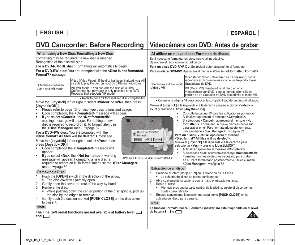 Dvd camcorder: before recording, Videocámara con dvd: antes de grabar, English | Español | Samsung SC-DC565-XAA User Manual | Page 43 / 132