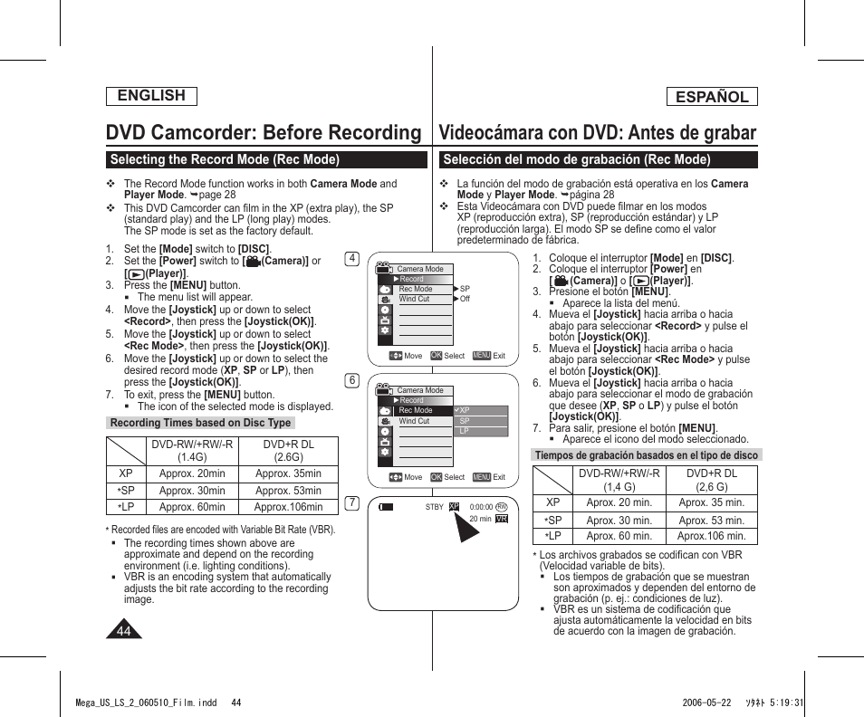 Dvd camcorder: before recording, Videocámara con dvd: antes de grabar, English | Español, Selecting the record mode (rec mode), Selección del modo de grabación (rec mode) | Samsung SC-DC565-XAA User Manual | Page 44 / 132