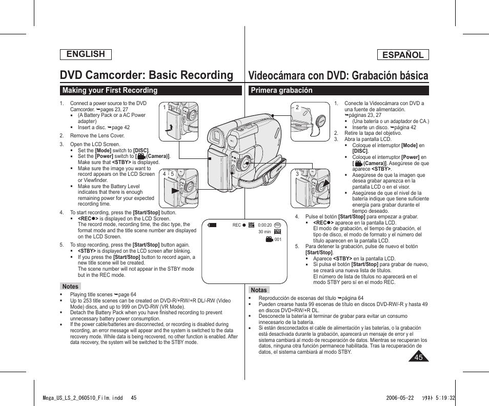 Dvd camcorder: basic recording, Videocámara con dvd: grabación básica, English | Español, Making your first recording, Primera grabación | Samsung SC-DC565-XAA User Manual | Page 45 / 132