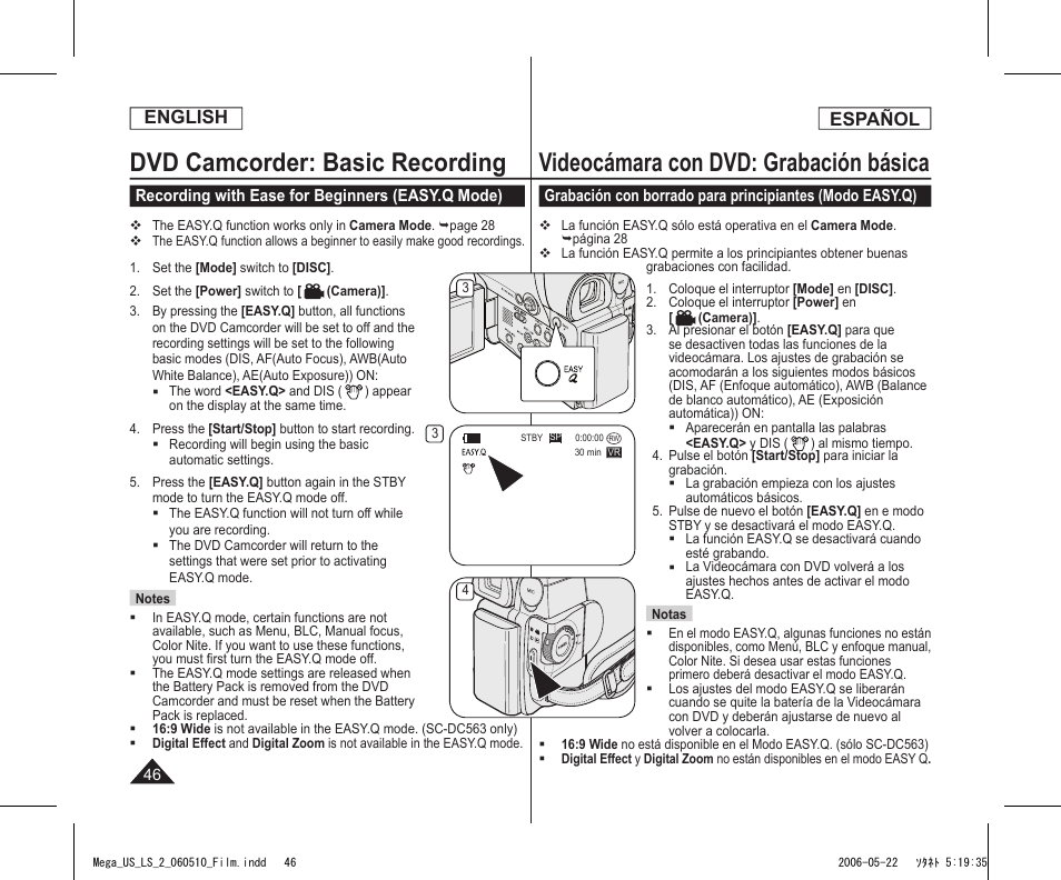 Dvd camcorder: basic recording, Videocámara con dvd: grabación básica, English | Español | Samsung SC-DC565-XAA User Manual | Page 46 / 132