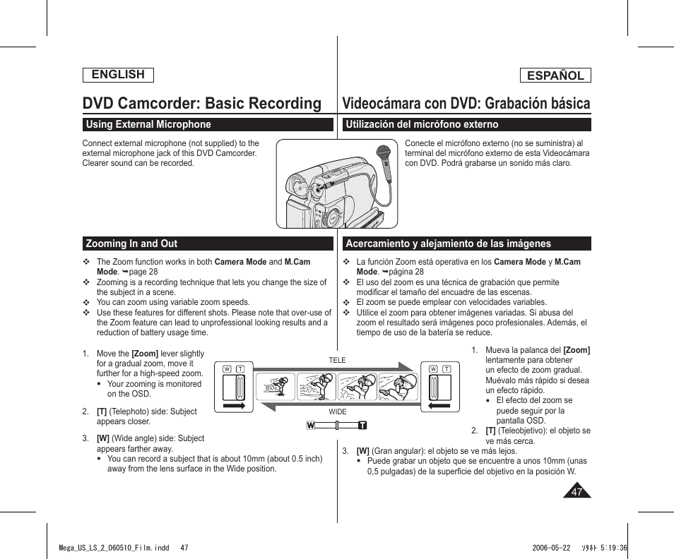 Dvd camcorder: basic recording, Videocámara con dvd: grabación básica, English | Español | Samsung SC-DC565-XAA User Manual | Page 47 / 132