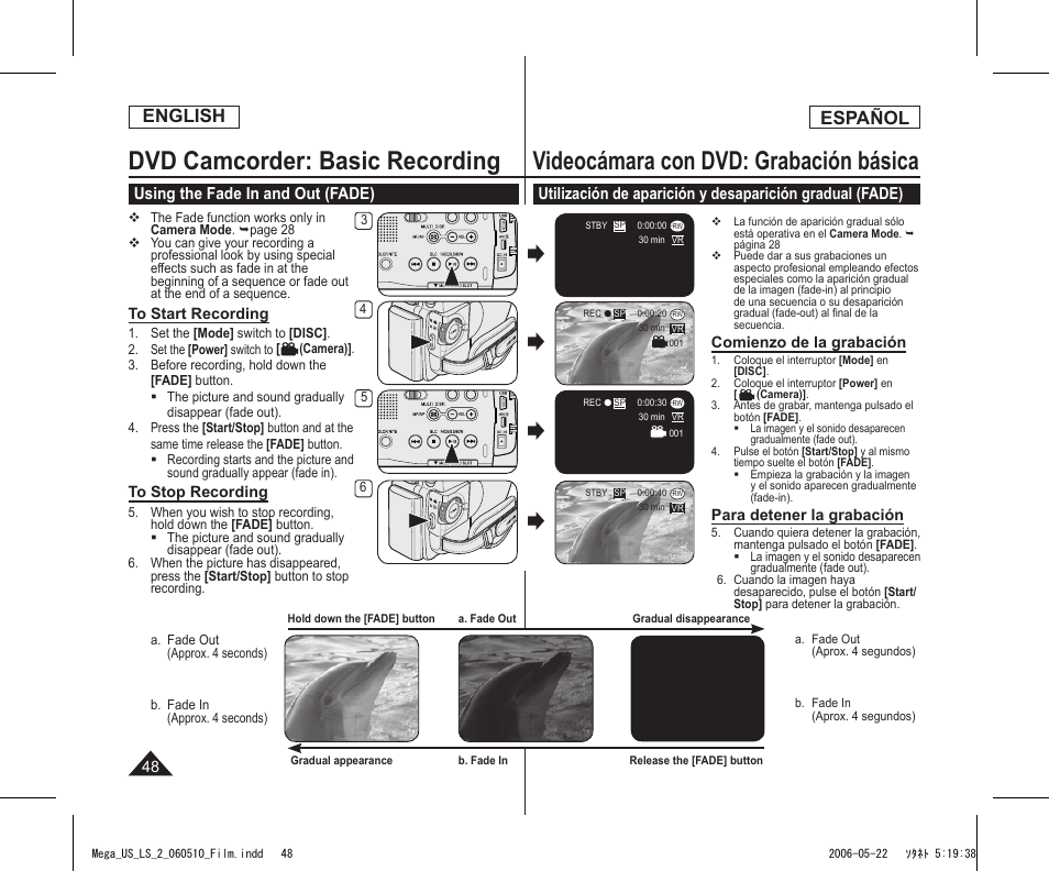 Dvd camcorder: basic recording, Videocámara con dvd: grabación básica, English | Español, Using the fade in and out (fade) | Samsung SC-DC565-XAA User Manual | Page 48 / 132