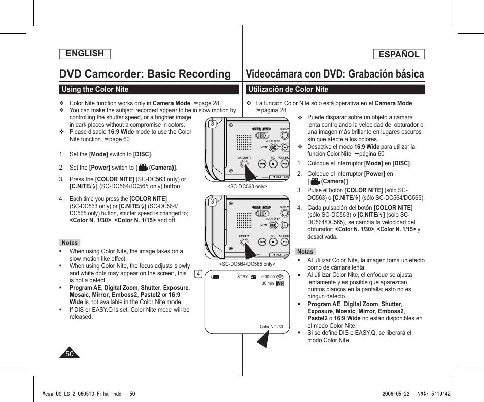 Dvd camcorder: basic recording, Videocámara con dvd: grabación básica, English | Español | Samsung SC-DC565-XAA User Manual | Page 50 / 132