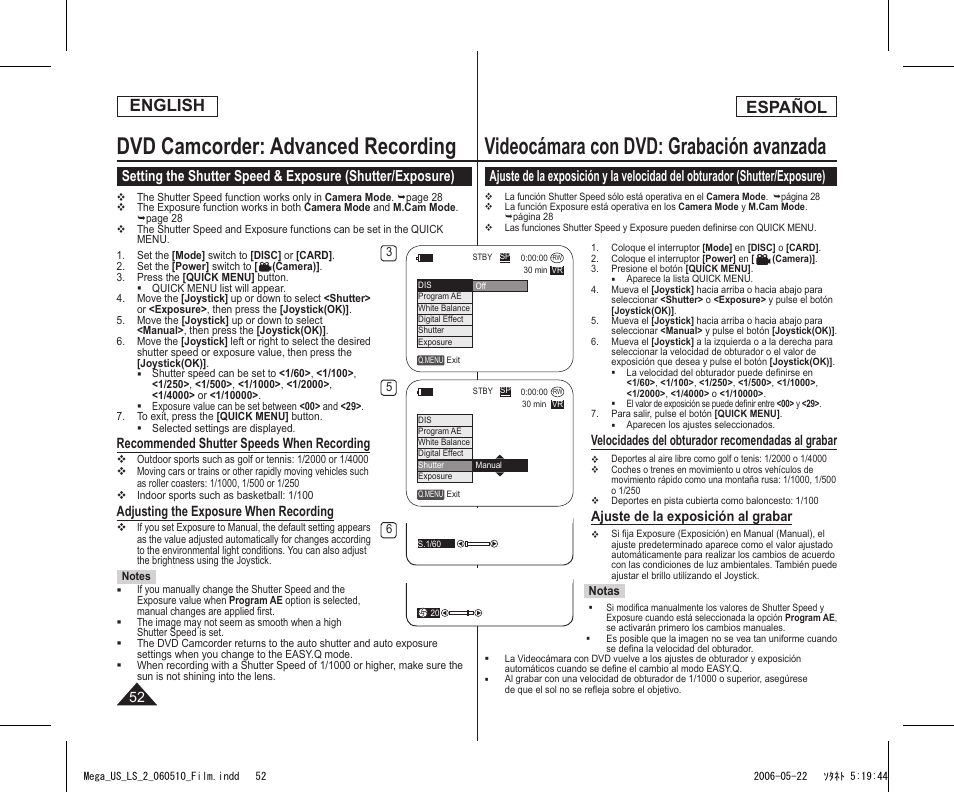 Dvd camcorder: advanced recording, Videocámara con dvd: grabación avanzada, English | Español, Recommended shutter speeds when recording, Adjusting the exposure when recording, Velocidades del obturador recomendadas al grabar, Ajuste de la exposición al grabar | Samsung SC-DC565-XAA User Manual | Page 52 / 132
