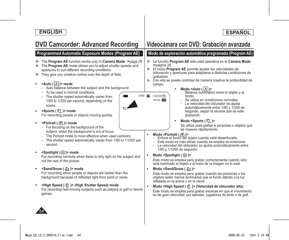 Dvd camcorder: advanced recording, Videocámara con dvd: grabación avanzada, English | Español | Samsung SC-DC565-XAA User Manual | Page 54 / 132