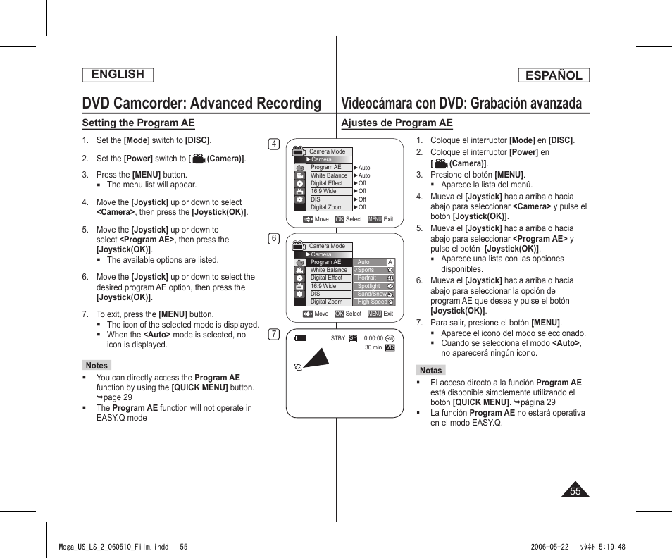 Dvd camcorder: advanced recording, Videocámara con dvd: grabación avanzada, English | Español | Samsung SC-DC565-XAA User Manual | Page 55 / 132