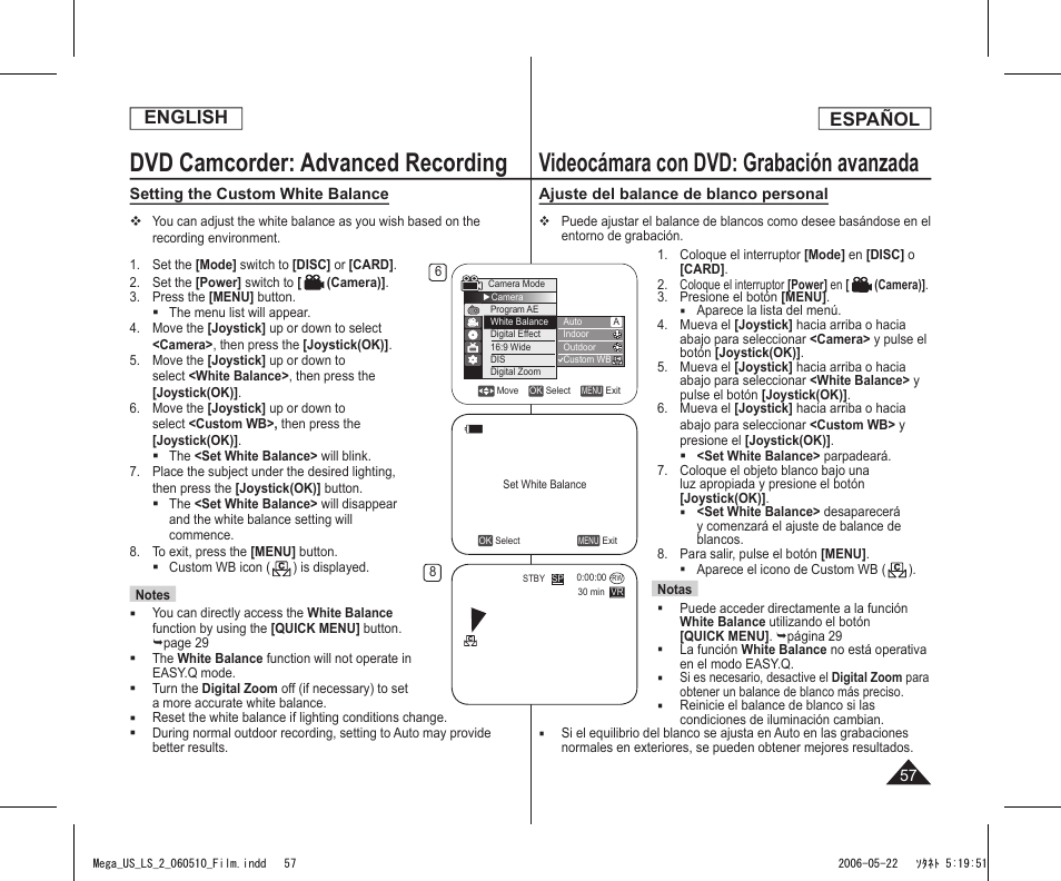 Dvd camcorder: advanced recording, Videocámara con dvd: grabación avanzada, English | Español | Samsung SC-DC565-XAA User Manual | Page 57 / 132