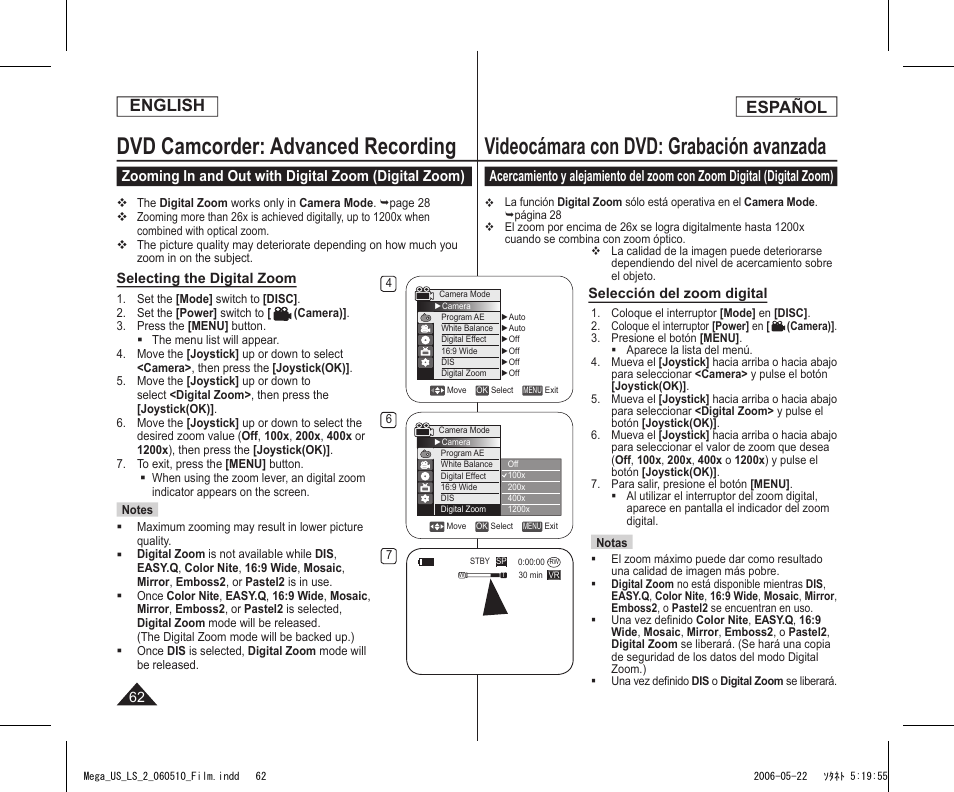 Dvd camcorder: advanced recording, Videocámara con dvd: grabación avanzada, English | Español | Samsung SC-DC565-XAA User Manual | Page 62 / 132