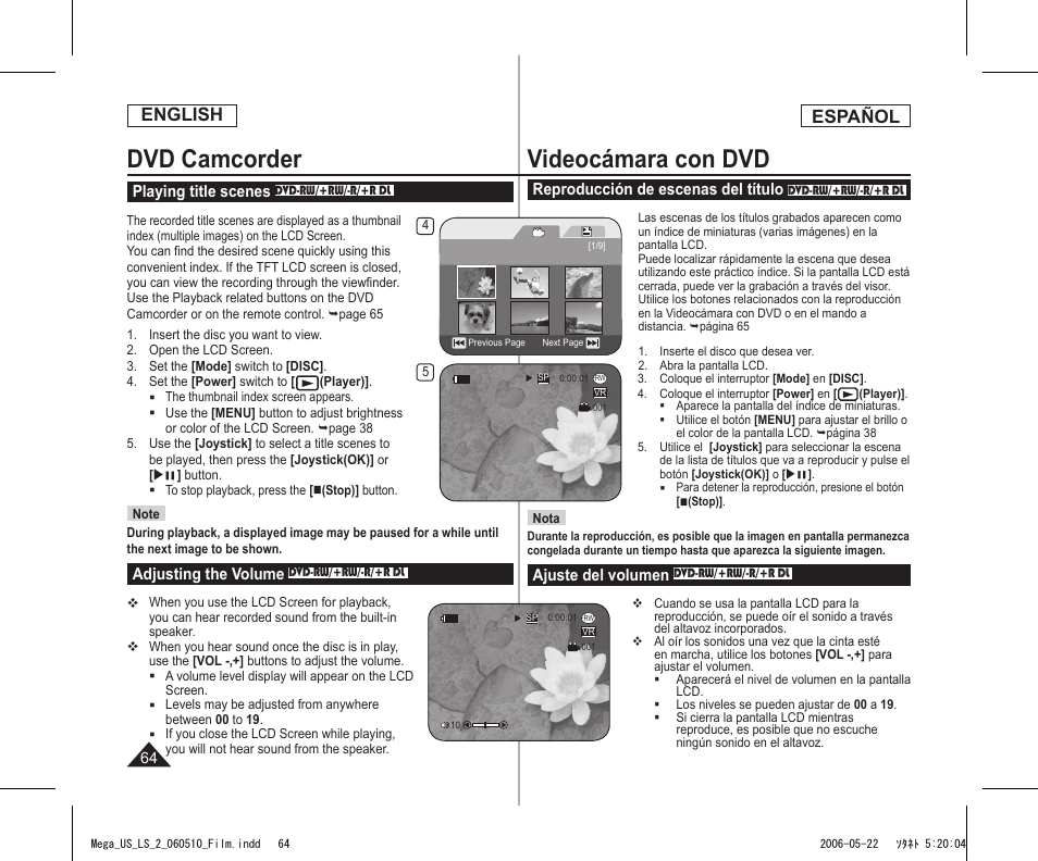 Dvd camcorder, Videocámara con dvd, English | Español | Samsung SC-DC565-XAA User Manual | Page 64 / 132