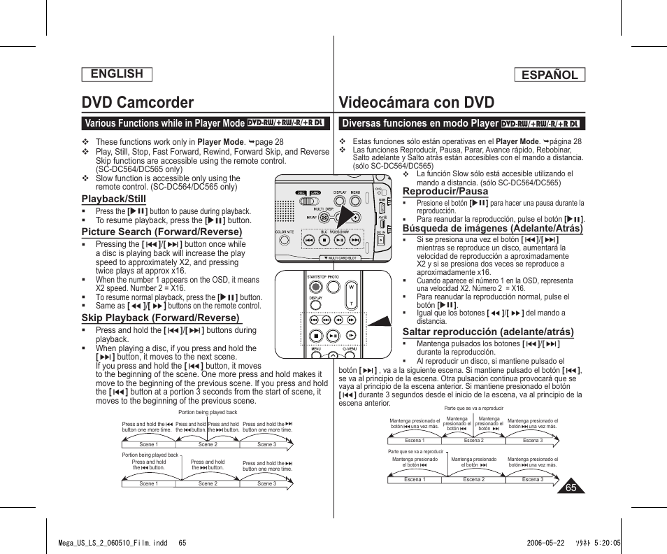 Dvd camcorder, Videocámara con dvd, English | Español, Various functions while in player mode, Diversas funciones en modo player | Samsung SC-DC565-XAA User Manual | Page 65 / 132