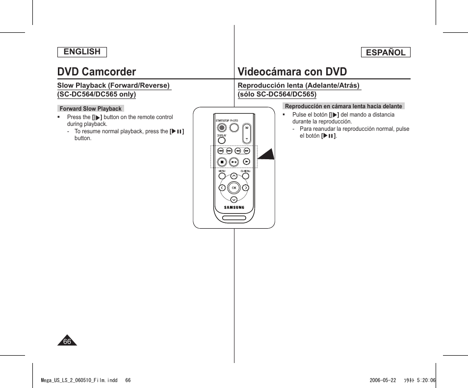Dvd camcorder, Videocámara con dvd, English | Español | Samsung SC-DC565-XAA User Manual | Page 66 / 132