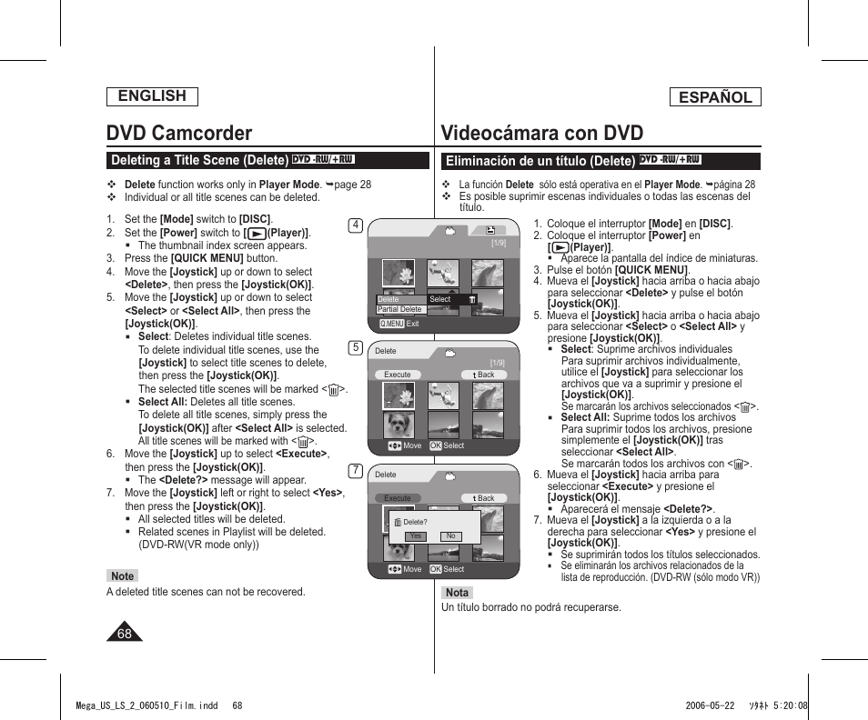 Dvd camcorder, Videocámara con dvd, English | Español | Samsung SC-DC565-XAA User Manual | Page 68 / 132
