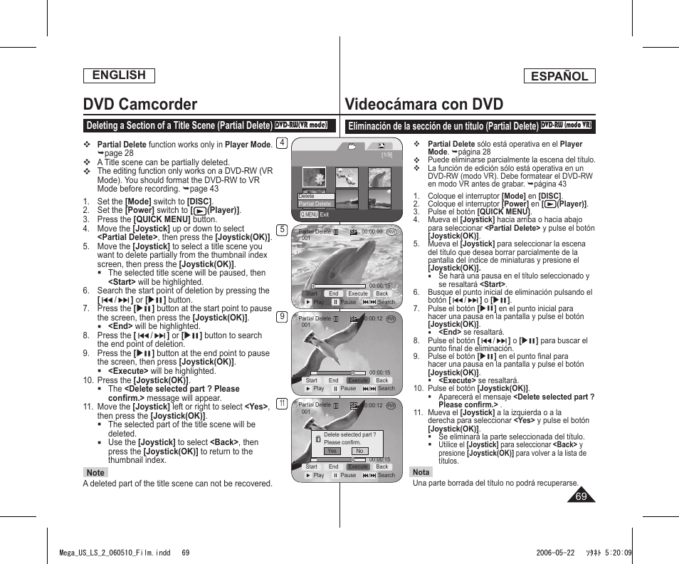 Dvd camcorder, Videocámara con dvd, English | Español | Samsung SC-DC565-XAA User Manual | Page 69 / 132