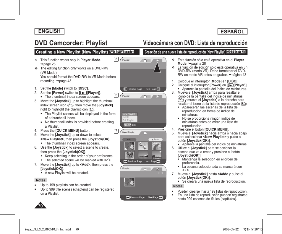 Dvd camcorder: playlist, Videocámara con dvd: lista de reproducción, English | Español | Samsung SC-DC565-XAA User Manual | Page 70 / 132