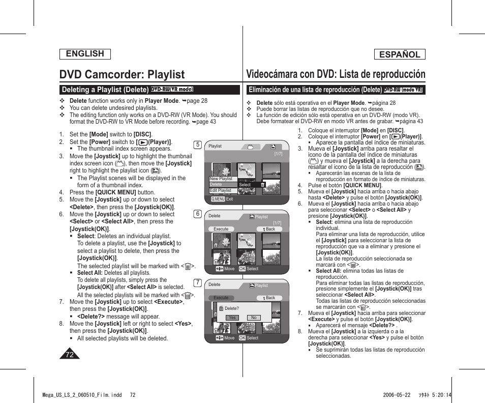 Dvd camcorder: playlist, Videocámara con dvd: lista de reproducción, English | Español, Deleting a playlist (delete), Eliminación de una lista de reproducción (delete) | Samsung SC-DC565-XAA User Manual | Page 72 / 132