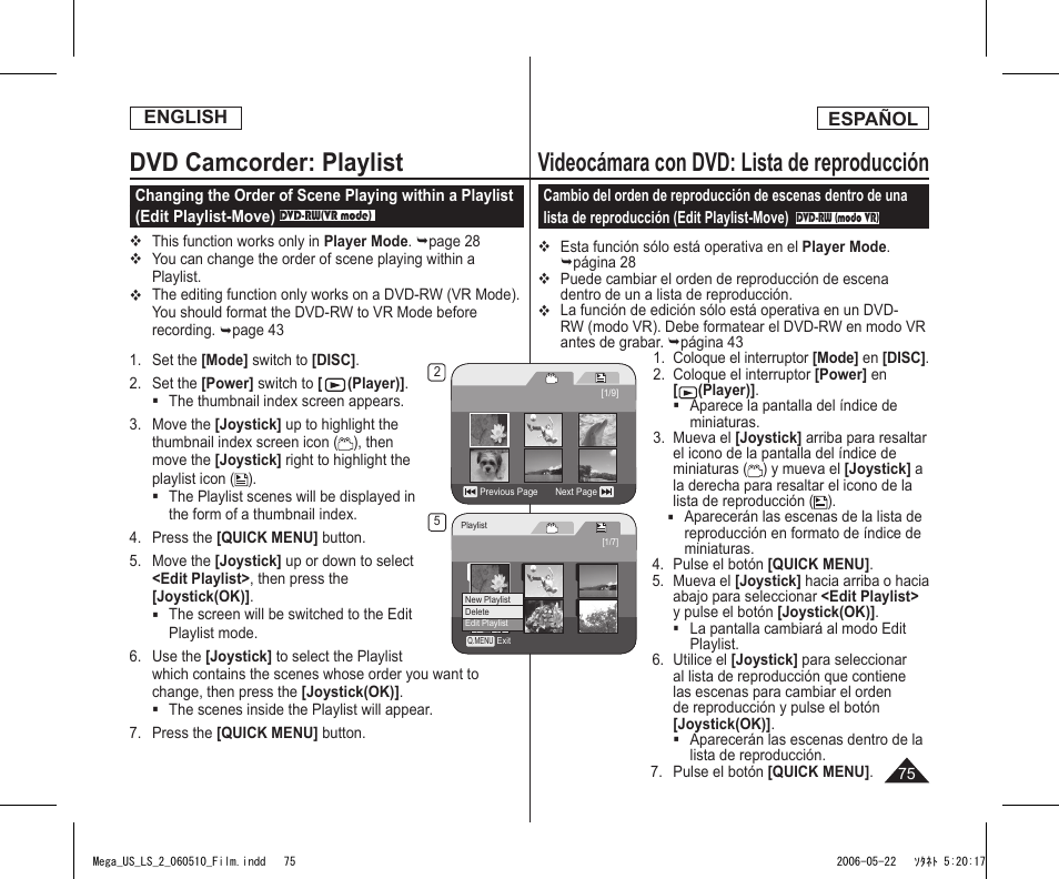 Dvd camcorder: playlist, Videocámara con dvd: lista de reproducción | Samsung SC-DC565-XAA User Manual | Page 75 / 132