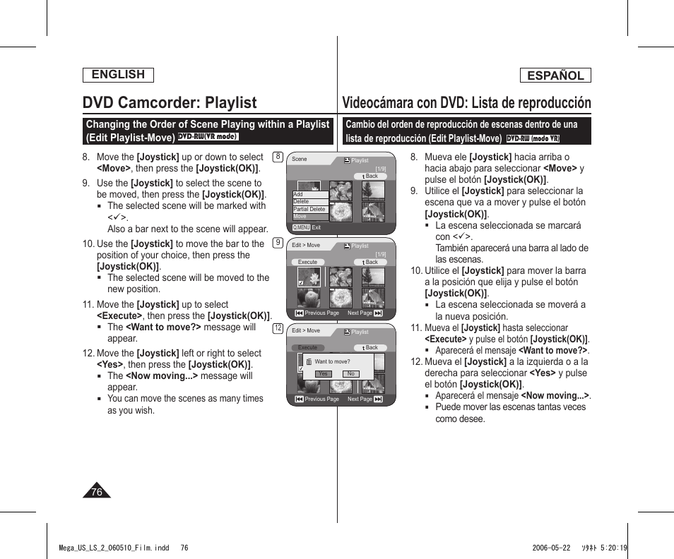 Dvd camcorder: playlist, Videocámara con dvd: lista de reproducción, English | Español | Samsung SC-DC565-XAA User Manual | Page 76 / 132