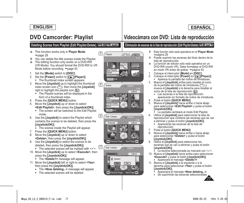 Dvd camcorder: playlist, Videocámara con dvd: lista de reproducción, English | Español | Samsung SC-DC565-XAA User Manual | Page 77 / 132