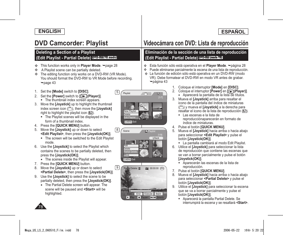 Dvd camcorder: playlist, Videocámara con dvd: lista de reproducción, English | Español | Samsung SC-DC565-XAA User Manual | Page 78 / 132