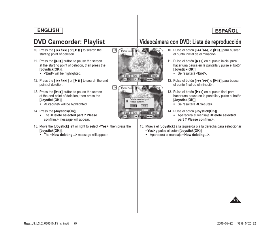 Dvd camcorder: playlist, Videocámara con dvd: lista de reproducción, English | Español | Samsung SC-DC565-XAA User Manual | Page 79 / 132