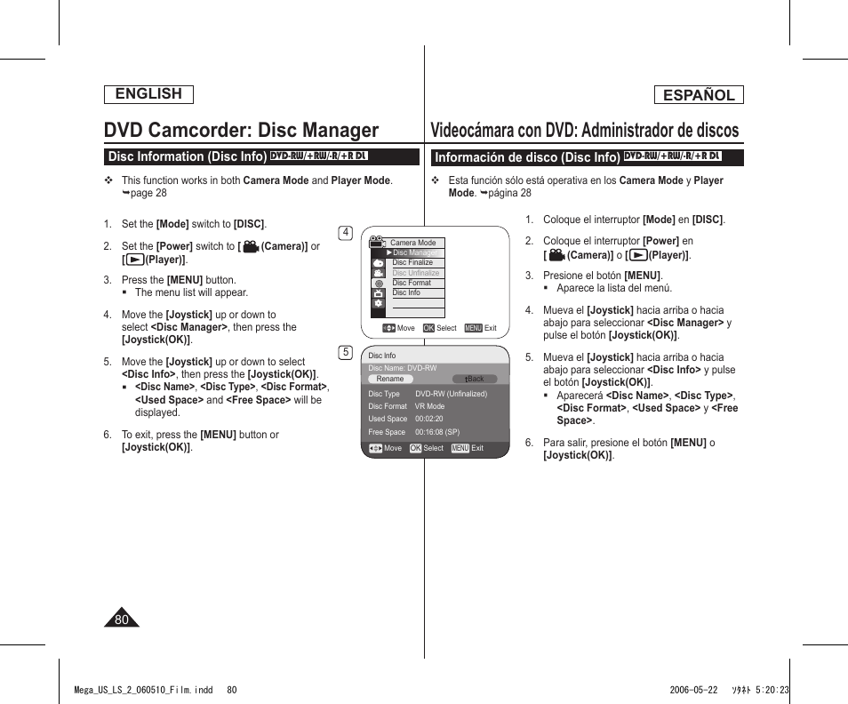 Dvd camcorder: disc manager, Videocámara con dvd: administrador de discos, English | Español, Disc information (disc info), Información de disco (disc info) | Samsung SC-DC565-XAA User Manual | Page 80 / 132