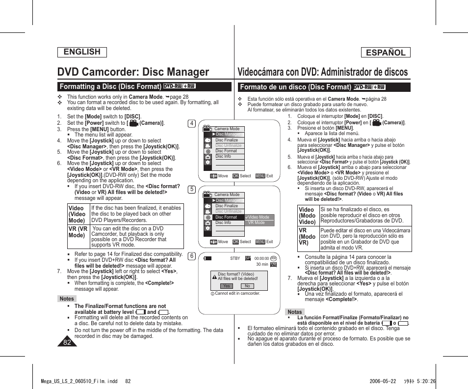 Dvd camcorder: disc manager, Videocámara con dvd: administrador de discos, English | Español, Formatting a disc (disc format), Formato de un disco (disc format) | Samsung SC-DC565-XAA User Manual | Page 82 / 132
