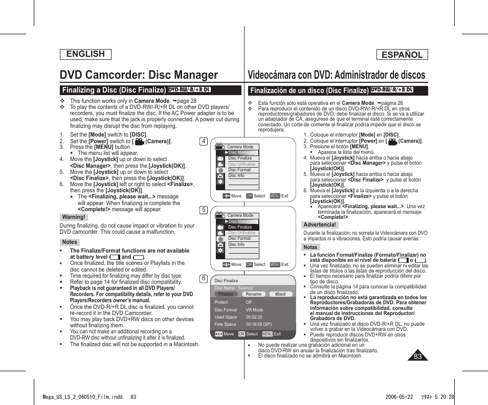 Dvd camcorder: disc manager, Videocámara con dvd: administrador de discos, English | Español, Finalizing a disc (disc finalize), Finalización de un disco (disc finalize) | Samsung SC-DC565-XAA User Manual | Page 83 / 132