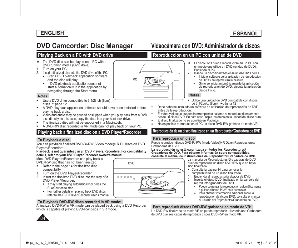 Dvd camcorder: disc manager, Videocámara con dvd: administrador de discos, English | Español, Playing back on a pc with dvd drive, Reproducción en un pc con unidad de dvd | Samsung SC-DC565-XAA User Manual | Page 84 / 132