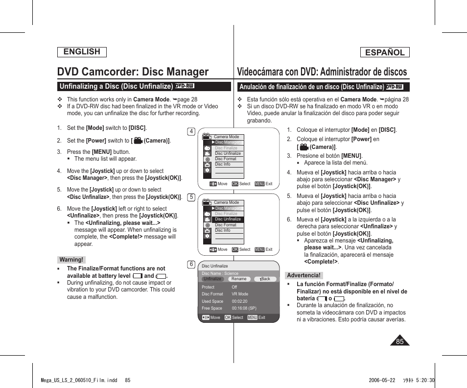 Dvd camcorder: disc manager, Videocámara con dvd: administrador de discos, English | Español, Unﬁnalizing a disc (disc unﬁnalize) | Samsung SC-DC565-XAA User Manual | Page 85 / 132